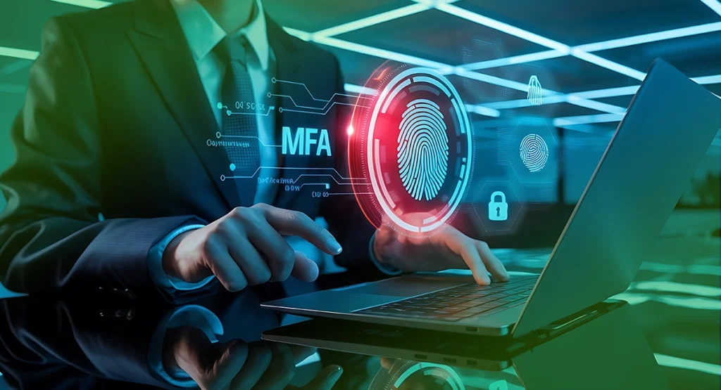 Uwierzytelnianie wieloskładnikowe (MFA) z użyciem odcisku palca podczas logowania na laptopie.