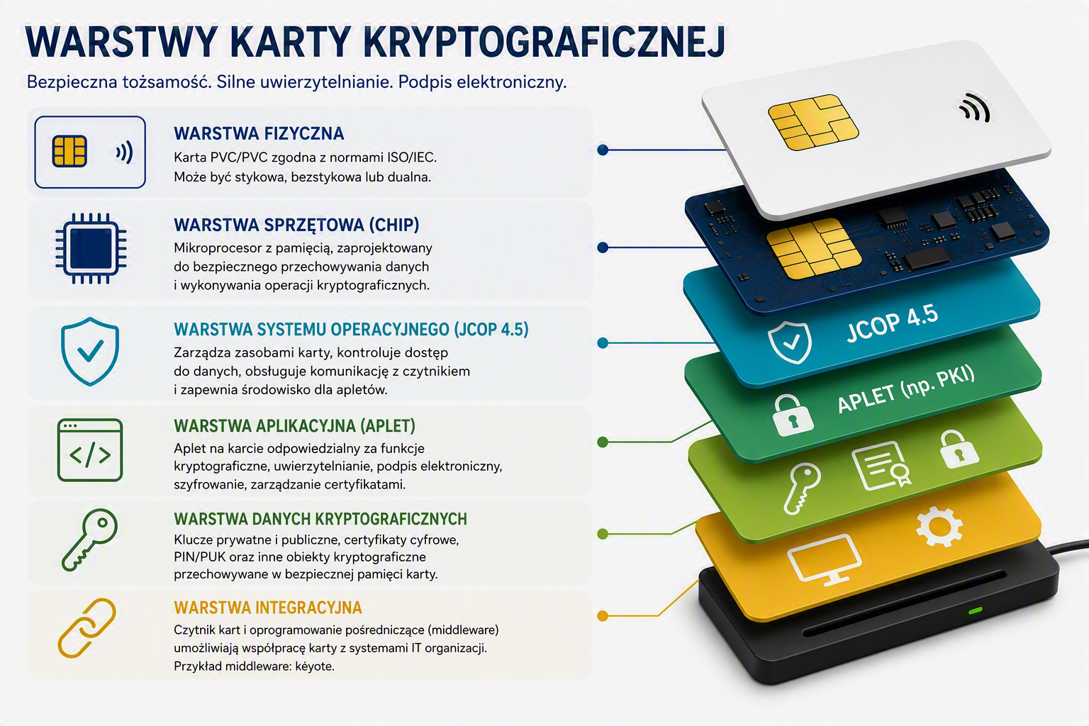 Schemat warstw karty kryptograficznej: warstwa fizyczna, chip, system JCOP 4.5, aplet, dane kryptograficzne i integracja z systemami IT.